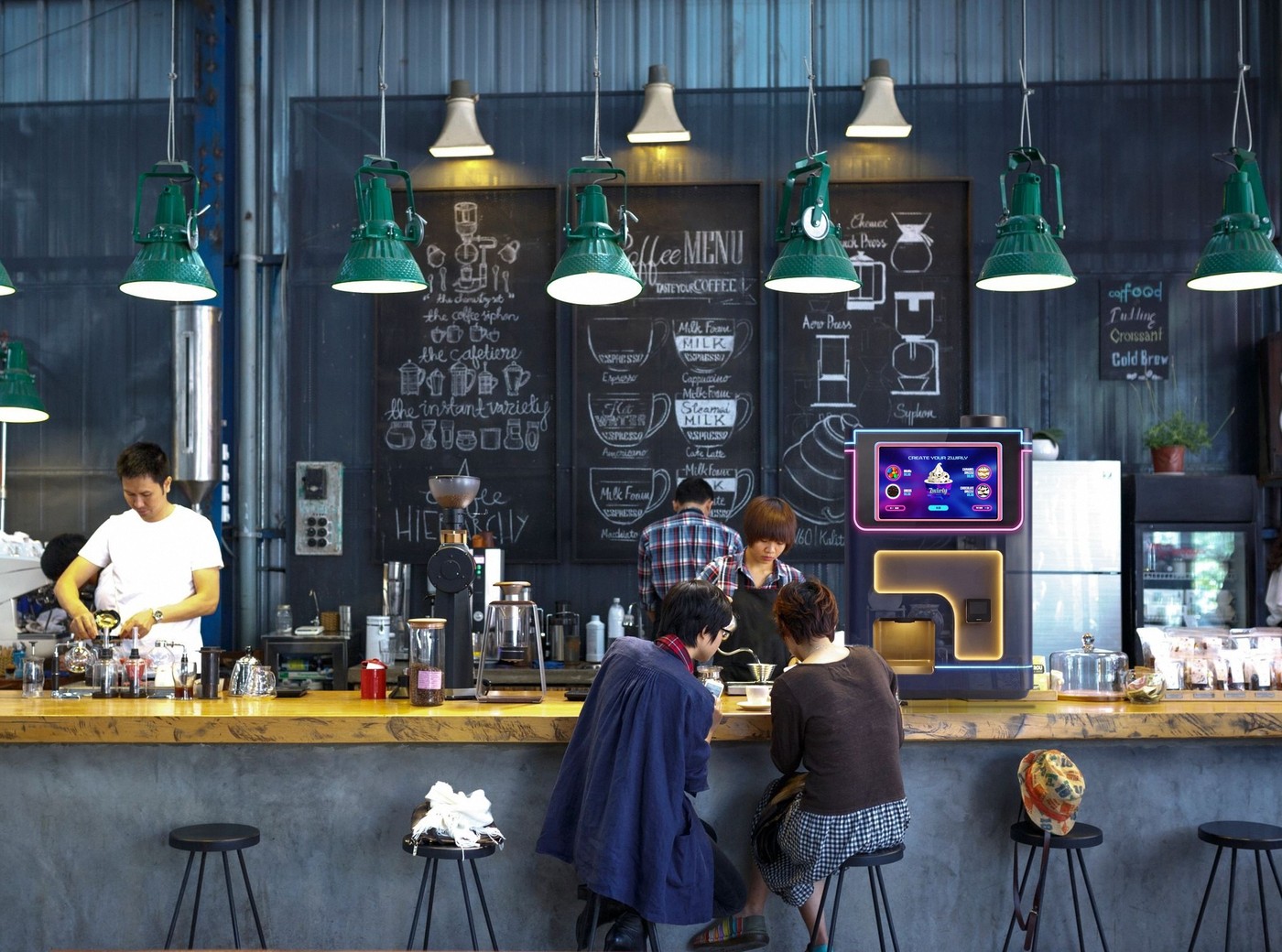Zwirly Mini countertop soft-serve machine on a busy cafe bar