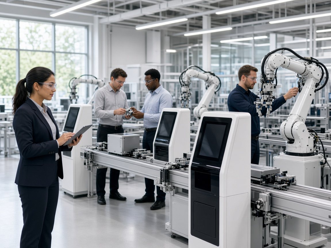 Engineer with a tablet on a modern automated factory floor, with white robotic arms and engineers working behind her